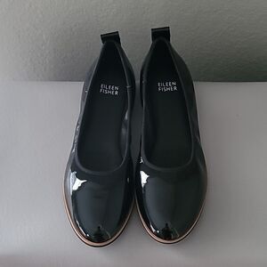 Eileen Fisher Black Patent Notion Ballet Flat Shoes Size 7.5 $155